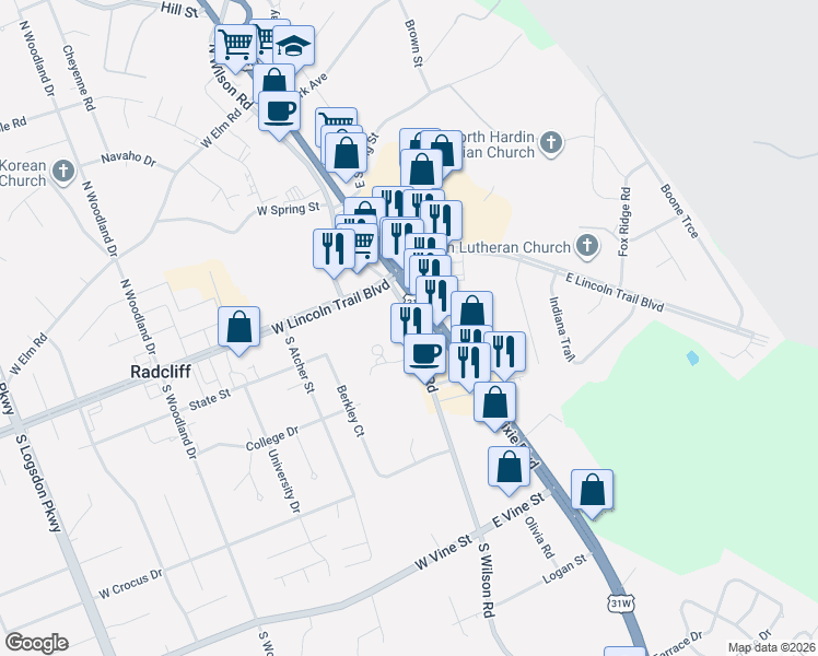 map of restaurants, bars, coffee shops, grocery stores, and more near 209 South Wilson Road in Radcliff