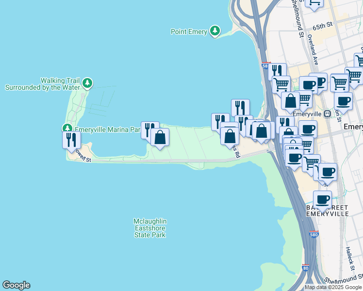 map of restaurants, bars, coffee shops, grocery stores, and more near 2 Admiral Drive in Emeryville