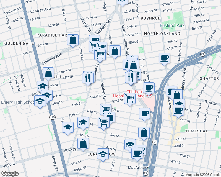 map of restaurants, bars, coffee shops, grocery stores, and more near 883 54th Street in Oakland