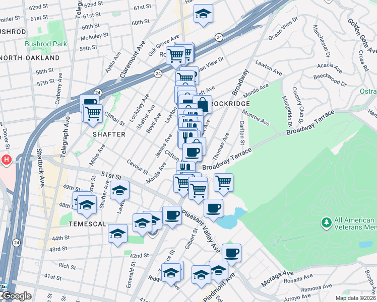 map of restaurants, bars, coffee shops, grocery stores, and more near in Oakland