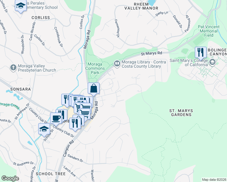 map of restaurants, bars, coffee shops, grocery stores, and more near 1039 Alta Mesa in Moraga