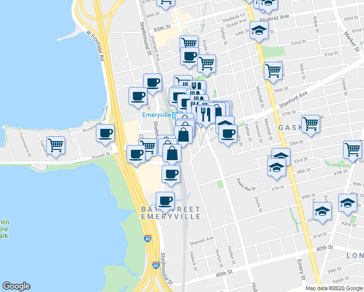 map of restaurants, bars, coffee shops, grocery stores, and more near 1475 Powell St in Emeryville