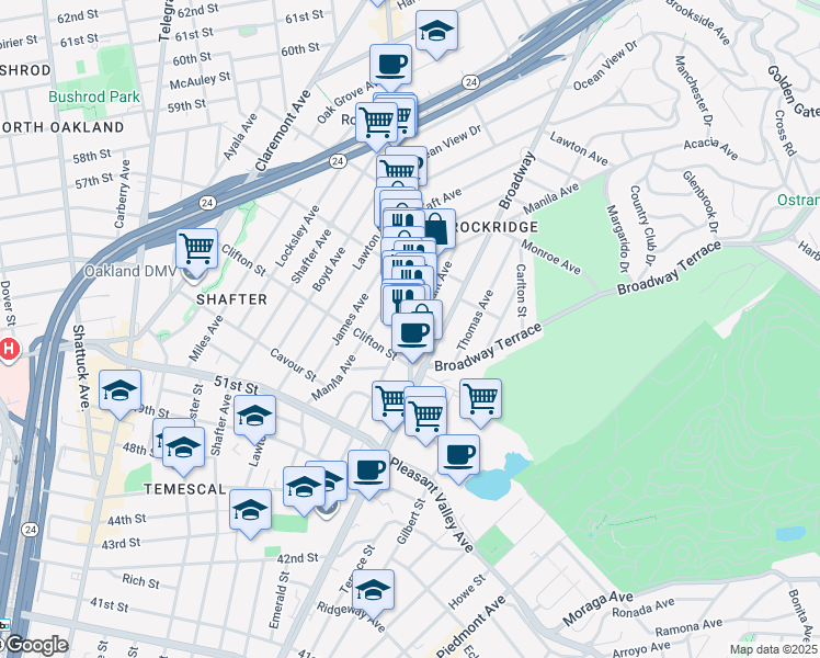 map of restaurants, bars, coffee shops, grocery stores, and more near 5349 College Avenue in Oakland