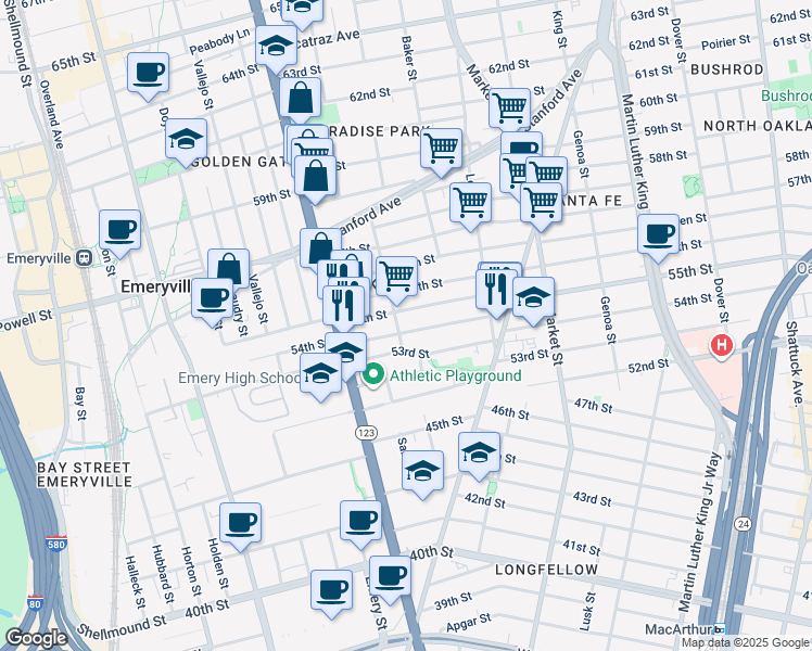 map of restaurants, bars, coffee shops, grocery stores, and more near in Oakland