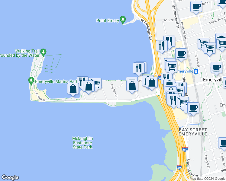 map of restaurants, bars, coffee shops, grocery stores, and more near 5 Captain Drive in Emeryville