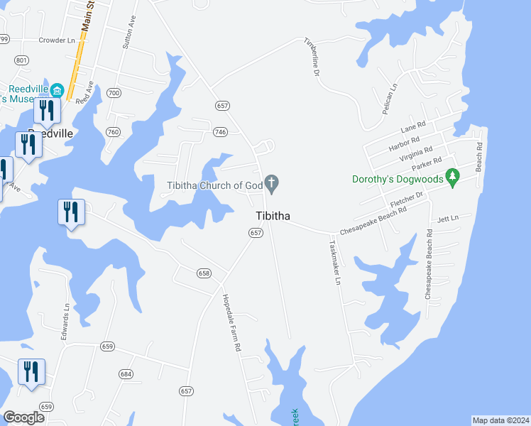 map of restaurants, bars, coffee shops, grocery stores, and more near 1298 Fleeton Road in Reedville