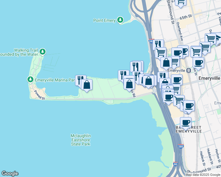 map of restaurants, bars, coffee shops, grocery stores, and more near 5 Captain Drive in Emeryville