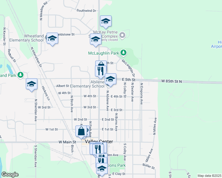 map of restaurants, bars, coffee shops, grocery stores, and more near 530 North Abilene Avenue in Valley Center