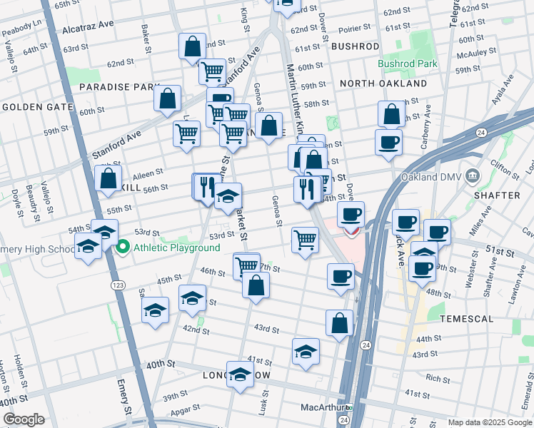 map of restaurants, bars, coffee shops, grocery stores, and more near 865 54th Street in Oakland