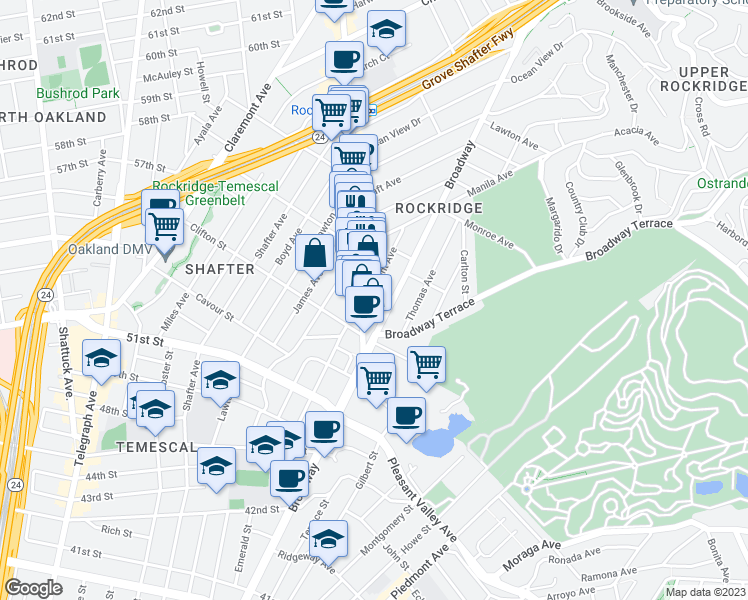 map of restaurants, bars, coffee shops, grocery stores, and more near 5328 Bryant Avenue in Oakland