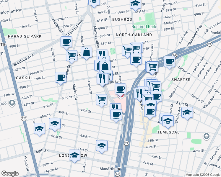 map of restaurants, bars, coffee shops, grocery stores, and more near 760 53rd Street in Oakland