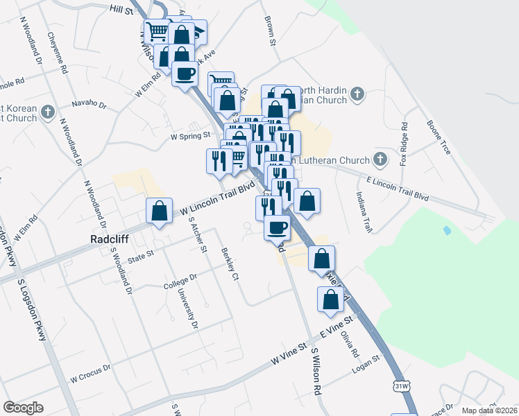 map of restaurants, bars, coffee shops, grocery stores, and more near 209 South Wilson Road in Radcliff