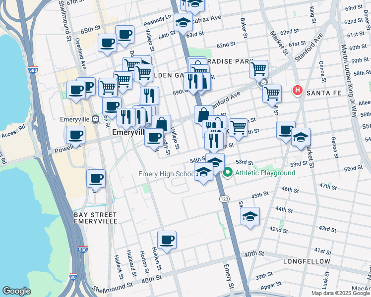map of restaurants, bars, coffee shops, grocery stores, and more near 5507 Fremont Street in Oakland