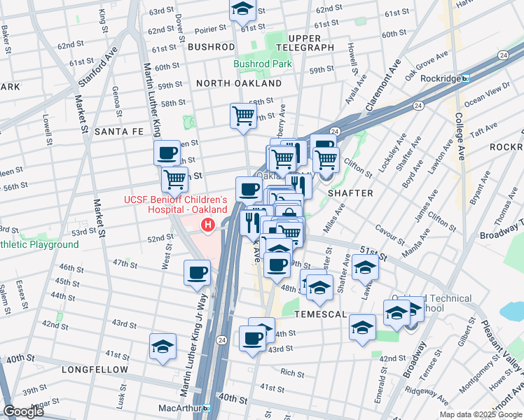 map of restaurants, bars, coffee shops, grocery stores, and more near 551 53rd Street in Oakland