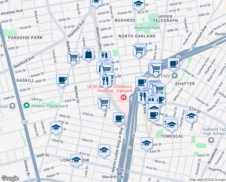 map of restaurants, bars, coffee shops, grocery stores, and more near 760 53rd Street in Oakland