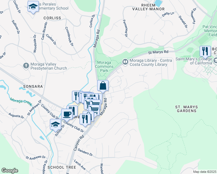 map of restaurants, bars, coffee shops, grocery stores, and more near 1387 Camino Peral in Moraga