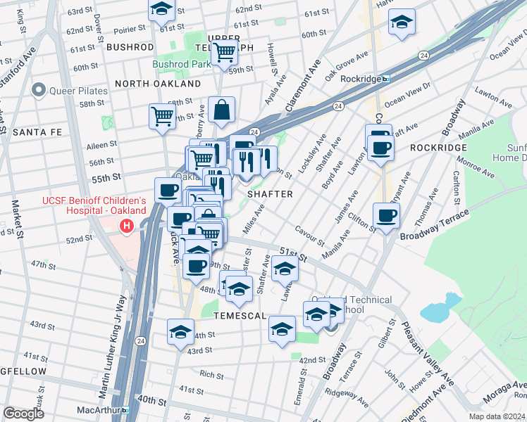 map of restaurants, bars, coffee shops, grocery stores, and more near 5300 Claremont Avenue in Oakland