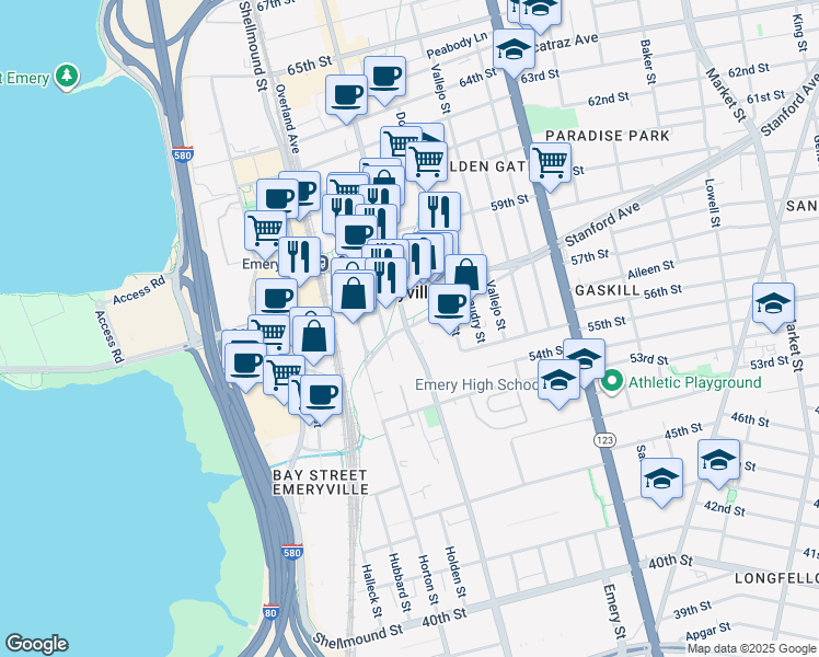map of restaurants, bars, coffee shops, grocery stores, and more near 1403 Stanford Avenue in Emeryville