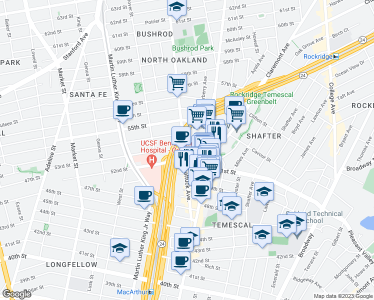 map of restaurants, bars, coffee shops, grocery stores, and more near 561 53rd Street in Oakland