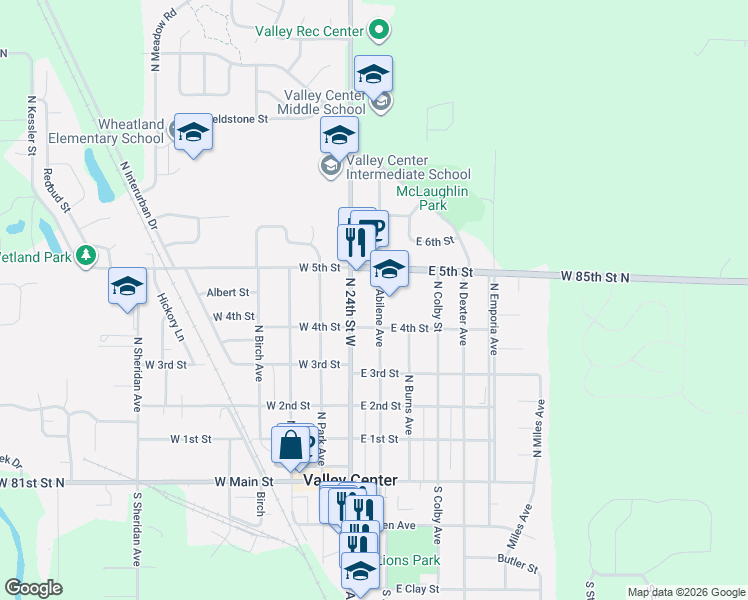 map of restaurants, bars, coffee shops, grocery stores, and more near 557 North Abilene Avenue in Valley Center