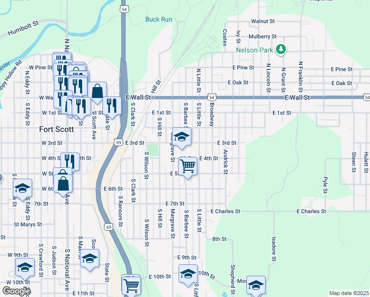 map of restaurants, bars, coffee shops, grocery stores, and more near 900 East 3rd Street in Fort Scott