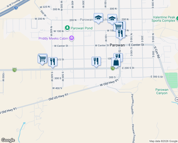 map of restaurants, bars, coffee shops, grocery stores, and more near 250 West 200 South in Paragonah