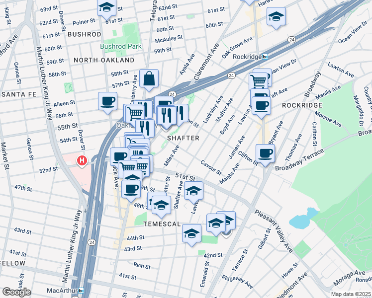 map of restaurants, bars, coffee shops, grocery stores, and more near 462 Cavour Street in Oakland