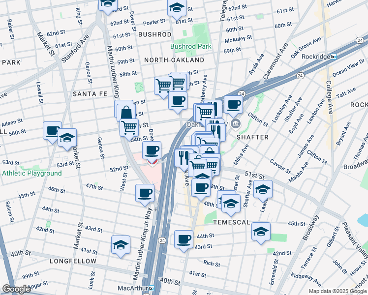 map of restaurants, bars, coffee shops, grocery stores, and more near Shattuck Ave & 53rd St in Oakland