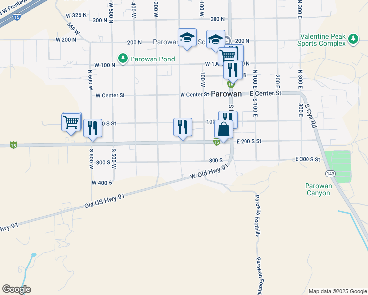 map of restaurants, bars, coffee shops, grocery stores, and more near 198 West 200 South in Parowan