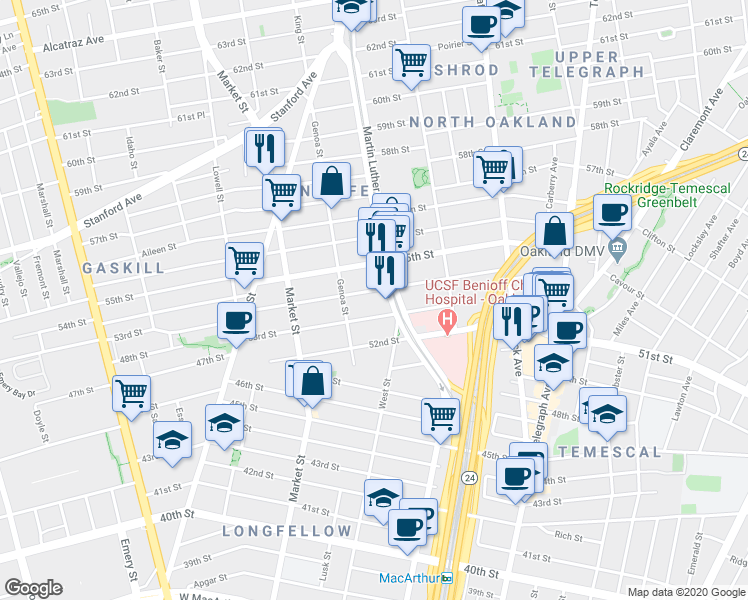 map of restaurants, bars, coffee shops, grocery stores, and more near in Oakland