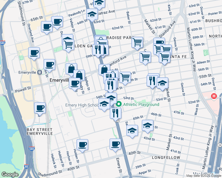 map of restaurants, bars, coffee shops, grocery stores, and more near 1081 56th Street in Oakland