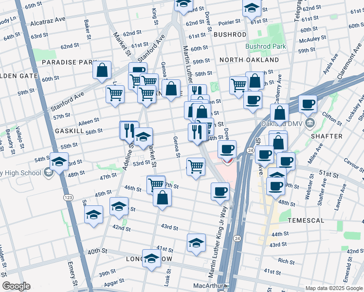 map of restaurants, bars, coffee shops, grocery stores, and more near 835 54th Street in Oakland