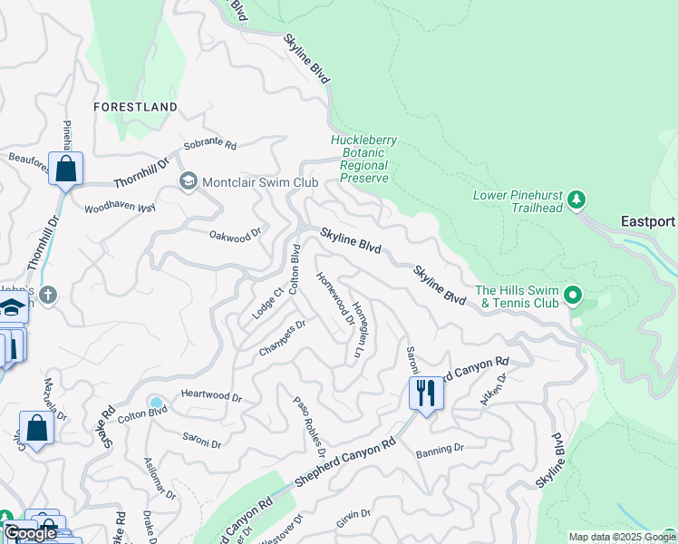 map of restaurants, bars, coffee shops, grocery stores, and more near 1135 Glencourt Drive in Oakland