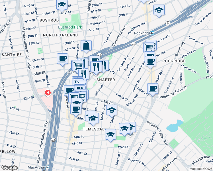 map of restaurants, bars, coffee shops, grocery stores, and more near 462 Cavour Street in Oakland
