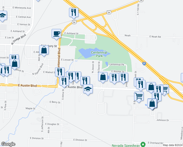 map of restaurants, bars, coffee shops, grocery stores, and more near 115 North Jason Street in Nevada