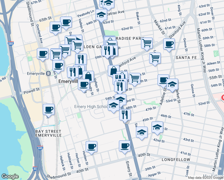 map of restaurants, bars, coffee shops, grocery stores, and more near 1144 55th Street in Oakland