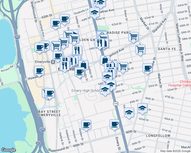 map of restaurants, bars, coffee shops, grocery stores, and more near 5521 Fremont Street in Oakland
