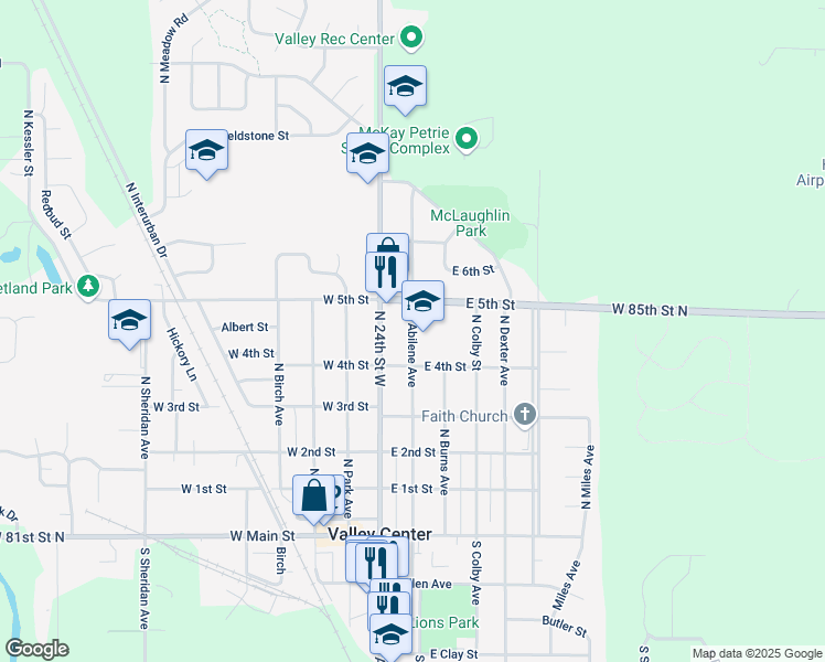 map of restaurants, bars, coffee shops, grocery stores, and more near 530 North Abilene Avenue in Valley Center