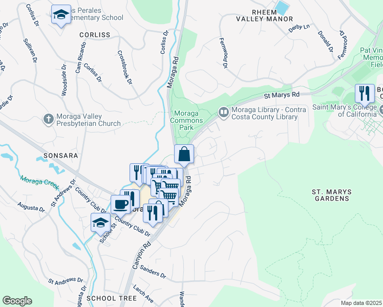 map of restaurants, bars, coffee shops, grocery stores, and more near 1387 Camino Peral in Moraga
