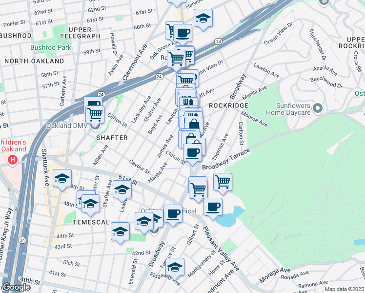 map of restaurants, bars, coffee shops, grocery stores, and more near 5349 College Avenue in Oakland