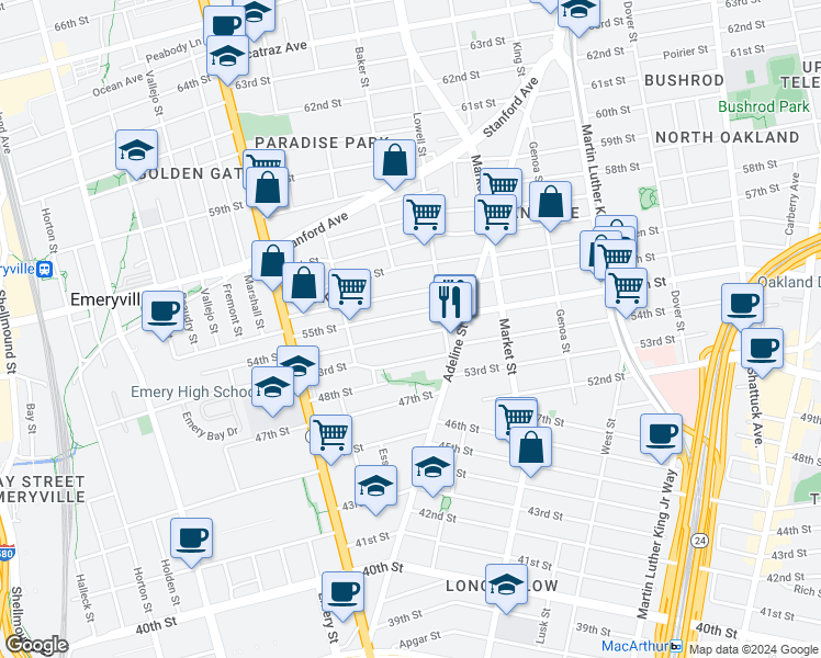 map of restaurants, bars, coffee shops, grocery stores, and more near 965 55th Street in Oakland