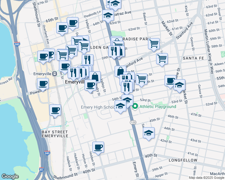 map of restaurants, bars, coffee shops, grocery stores, and more near 5543 Fremont Street in Oakland