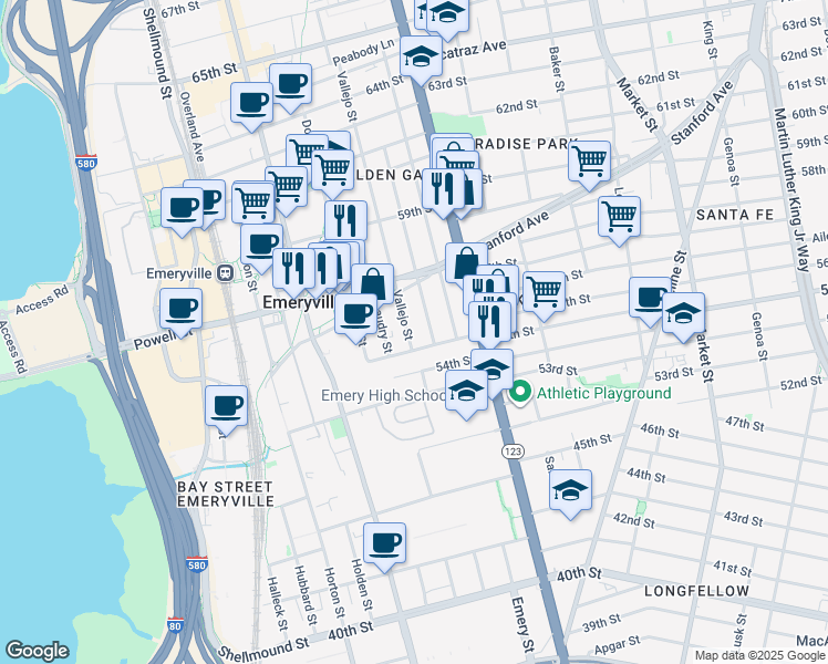 map of restaurants, bars, coffee shops, grocery stores, and more near 5543 Fremont Street in Oakland