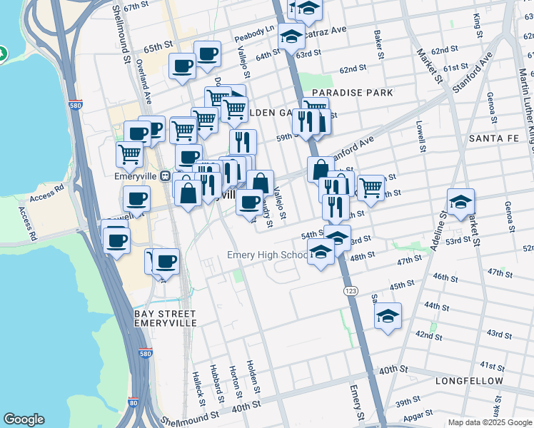 map of restaurants, bars, coffee shops, grocery stores, and more near in Emeryville