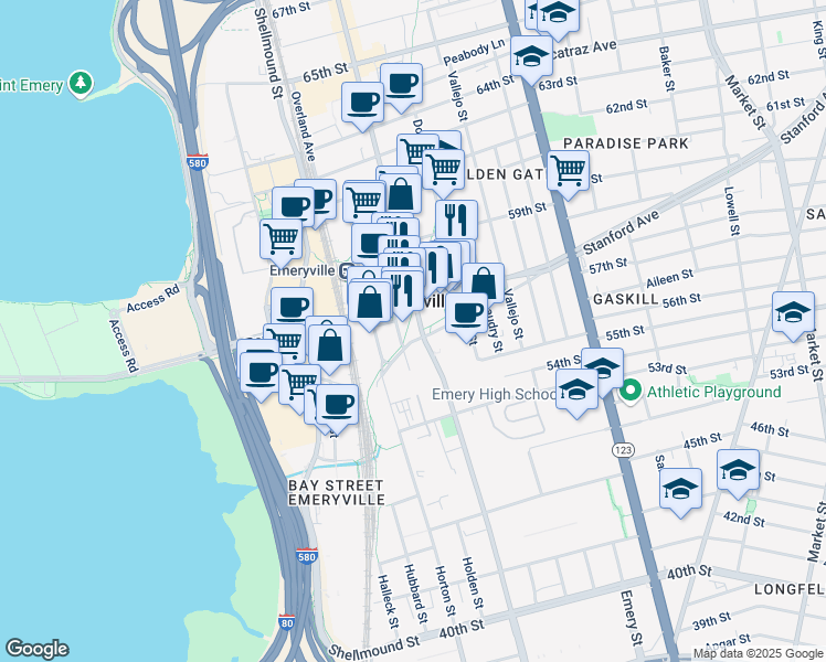 map of restaurants, bars, coffee shops, grocery stores, and more near in Emeryville