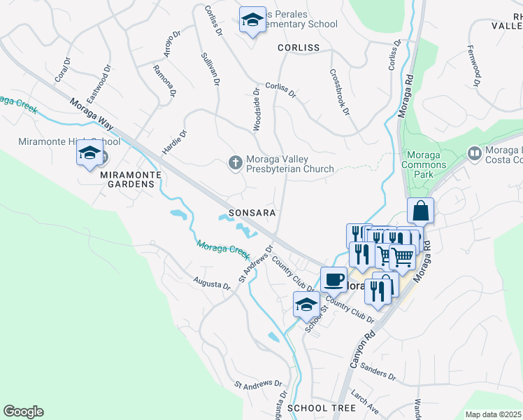 map of restaurants, bars, coffee shops, grocery stores, and more near 6 Whiting Court in Moraga