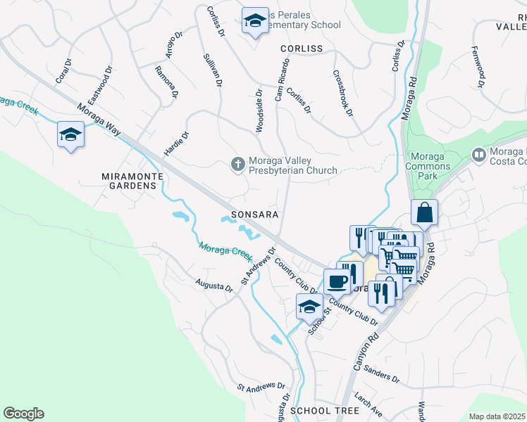 map of restaurants, bars, coffee shops, grocery stores, and more near 6 Whiting Court in Moraga
