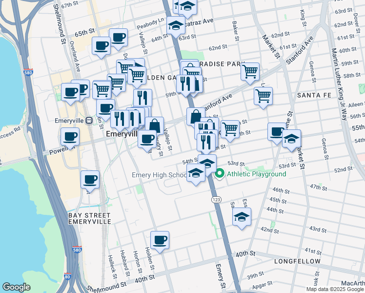map of restaurants, bars, coffee shops, grocery stores, and more near 5543 Fremont Street in Oakland