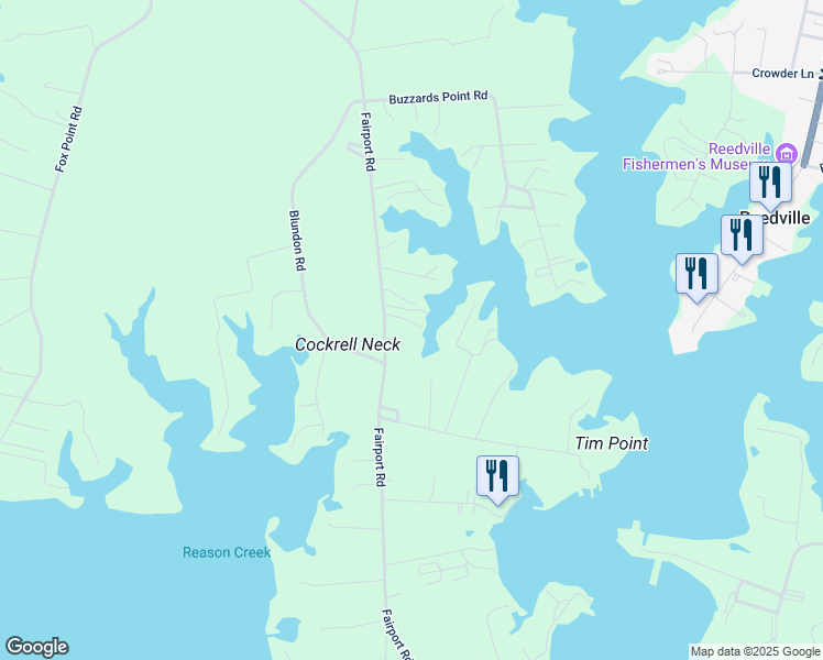 map of restaurants, bars, coffee shops, grocery stores, and more near 1843 Fairport Road in Reedville