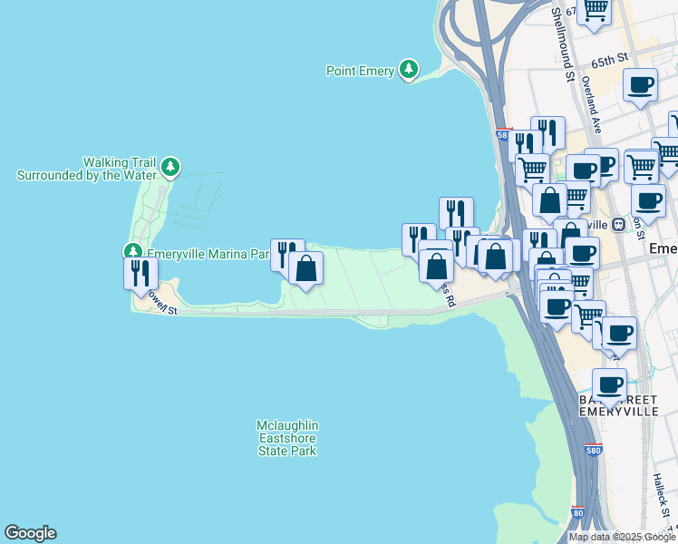 map of restaurants, bars, coffee shops, grocery stores, and more near 9 Commodore Drive in Emeryville